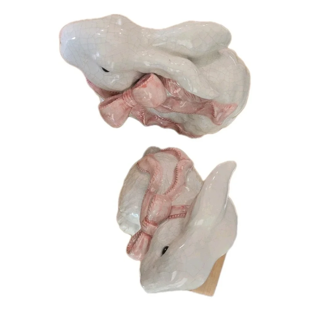 VTG Lot 2 white crackle glaze ceramic bunny pink bow Kitsch Easter Spring Size L